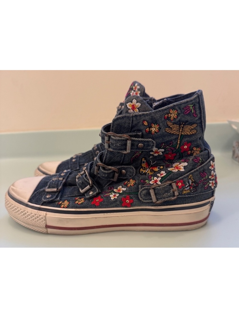 Size 7 Ash VIRTU Limited Edition Embroidered Denim High-Top Sneakers Size 7 - Picture 4 of 7